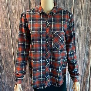 Urban Outfitters BDG sz small red gray grey yellow plaid flannel button